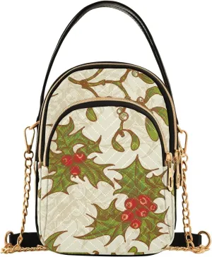 Vintage Christmas Holly Twigs Mistletoe Small Crossbody Bag Quilted Handbags for Women Chain Shoulder Bag