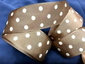 Vintage Grosgrain 1.5" Rayon 1940s Trim Ribbon Mocha Cream Dots 1yd Made in USA Fabric