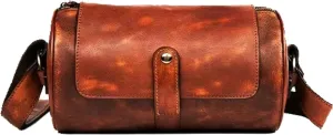 Vintage Leather Cylinder Crossbody Bag, Handmade, Brown