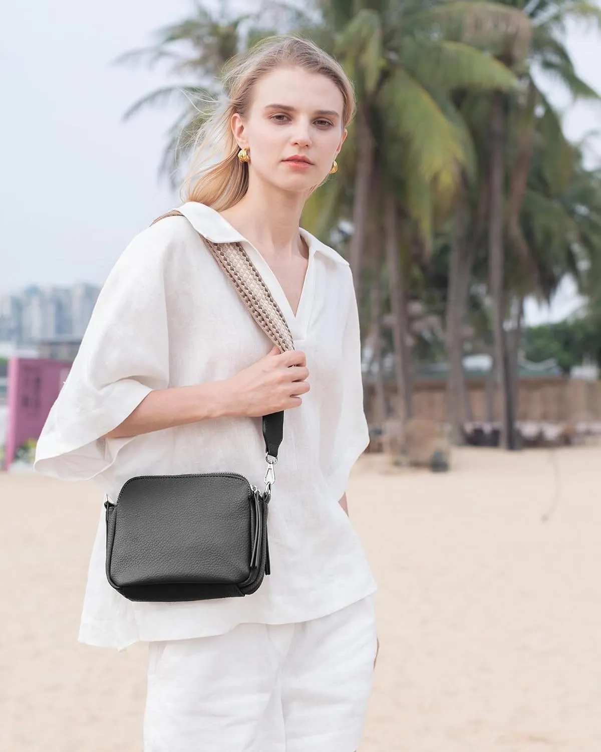 VONAL Leather Crossbody Purse for Women Triple Pockets Designed Shoulder Bag
