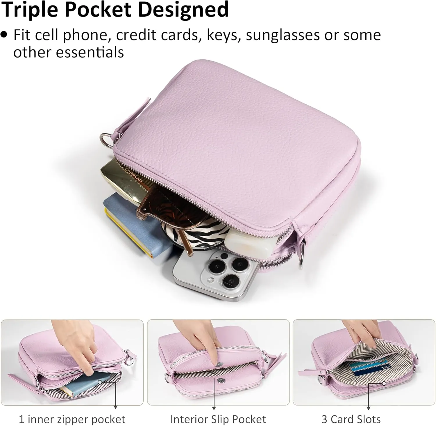 VONAL Leather Crossbody Purse for Women Triple Pockets Designed Shoulder Bag