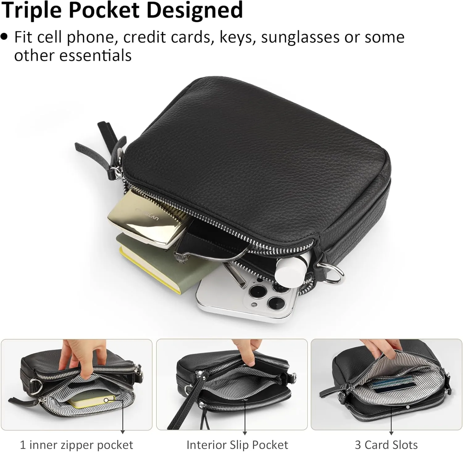 VONAL Leather Crossbody Purse for Women Triple Pockets Designed Shoulder Bag