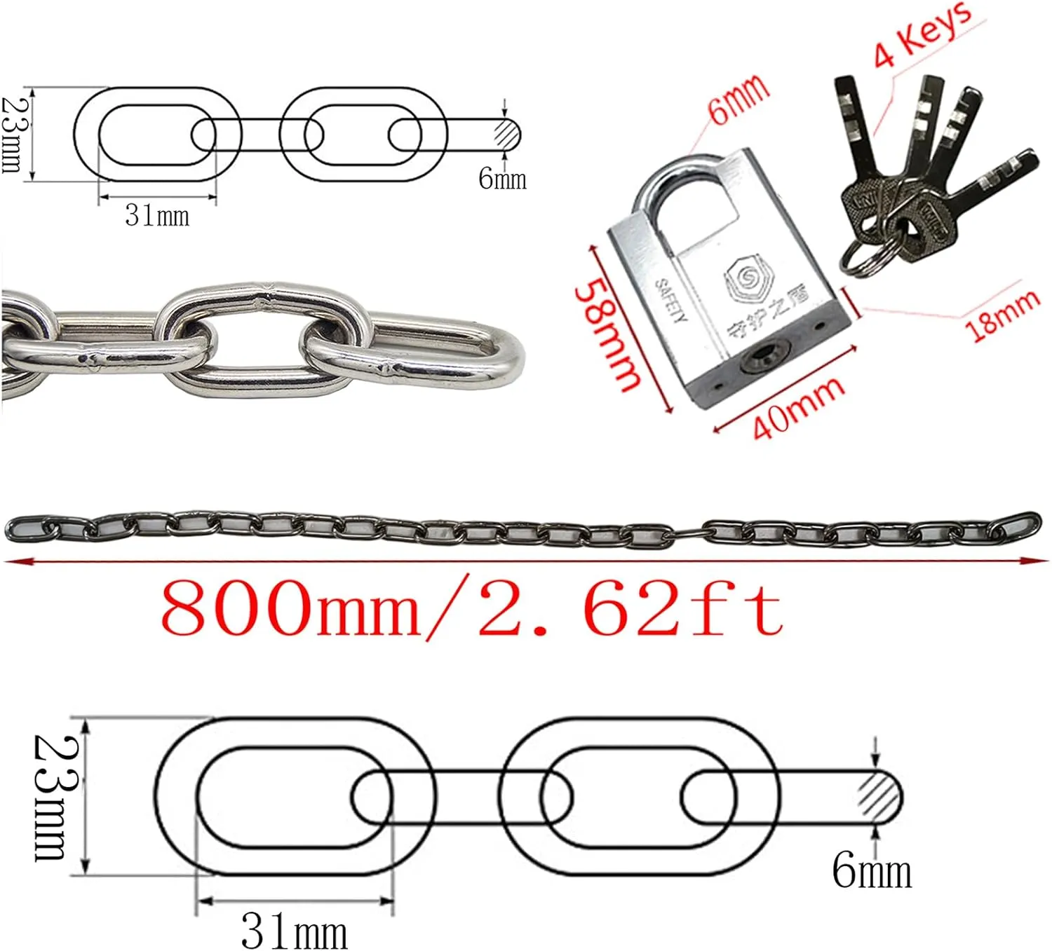 WANLIAN Bike Lock Chain,Motorcycle Chain Lock,uncuttable Chain and Lock,for Motorcycles, Bicycle Chain Lock, Fences, Glass Doors, Safety Chain Locks (6x500mm)