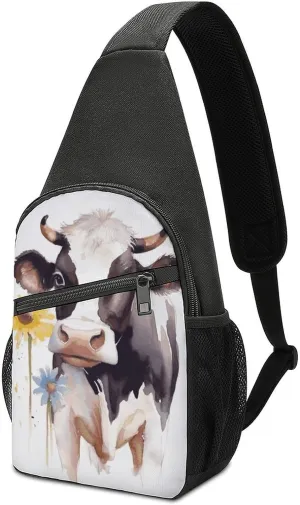 Watercolor Cow Sling Bag Travel Sling Backpack Man Purse for Men Hiking Crossbody Bags Chest Bag Shoulder Chest Pack