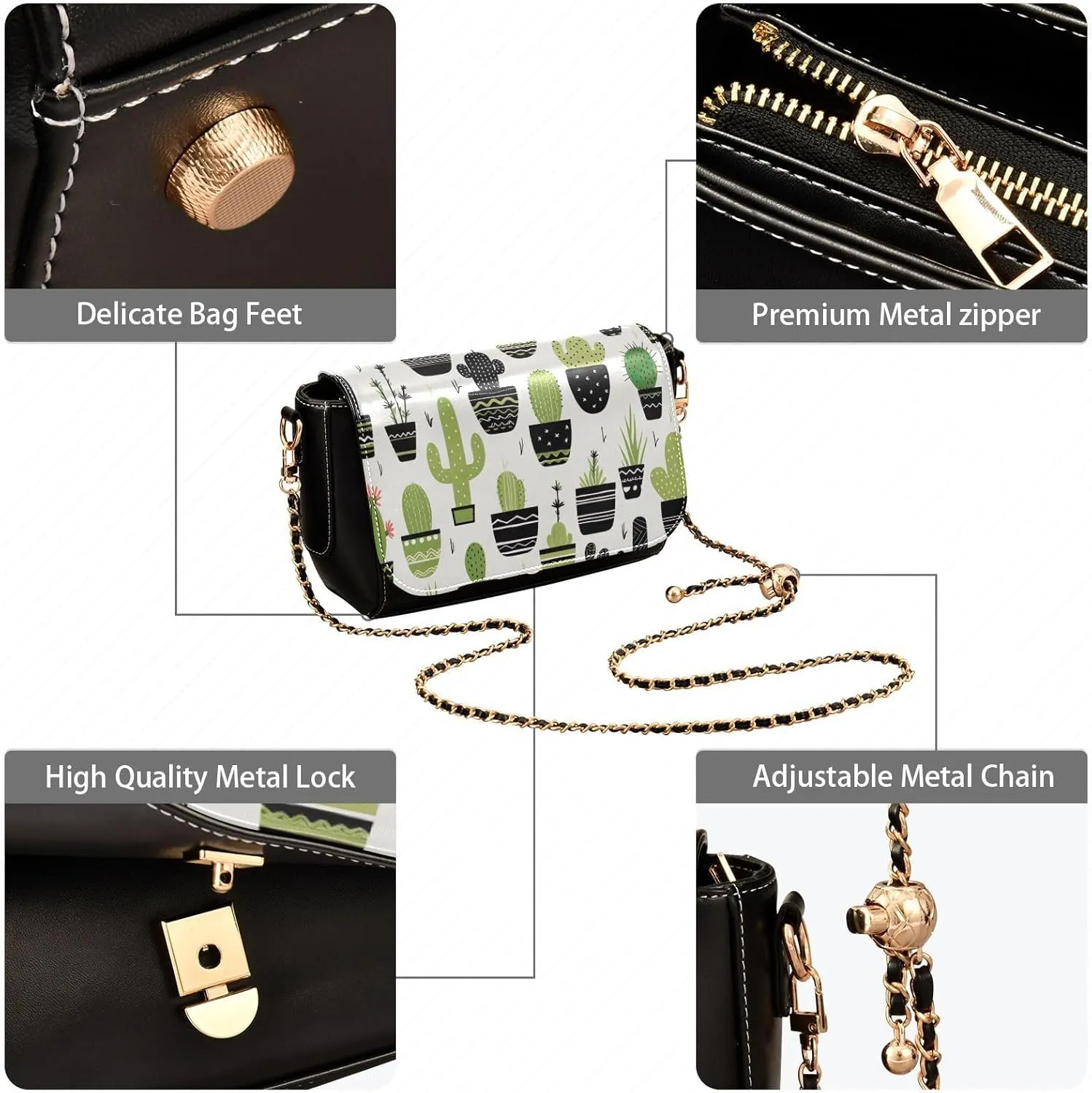 Watercolor Flowers on White Crossbody Shoulder Bag with Chain, Womens Leather Crossbody Bags, Leather Shoulder Purses