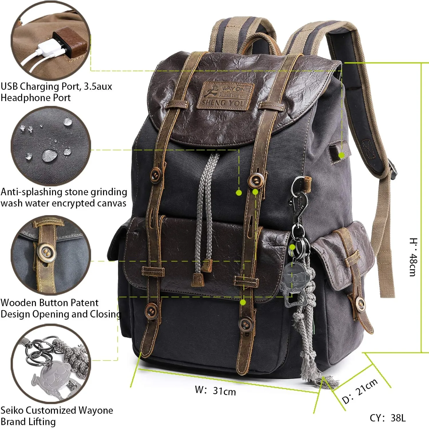 WAY ONE Canvas Leather Backpack for Men Women,Vintage Backpack Waterproof Rucksack Knapsack Hiking Travel Outdoor, Pro Genuine Leather Laptop Casual Backpacks, Grey