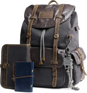 WAY ONE Canvas Leather Backpack for Men Women,Vintage Backpack Waterproof Rucksack Knapsack Hiking Travel Outdoor, Pro Genuine Leather Laptop Casual Backpacks, Grey
