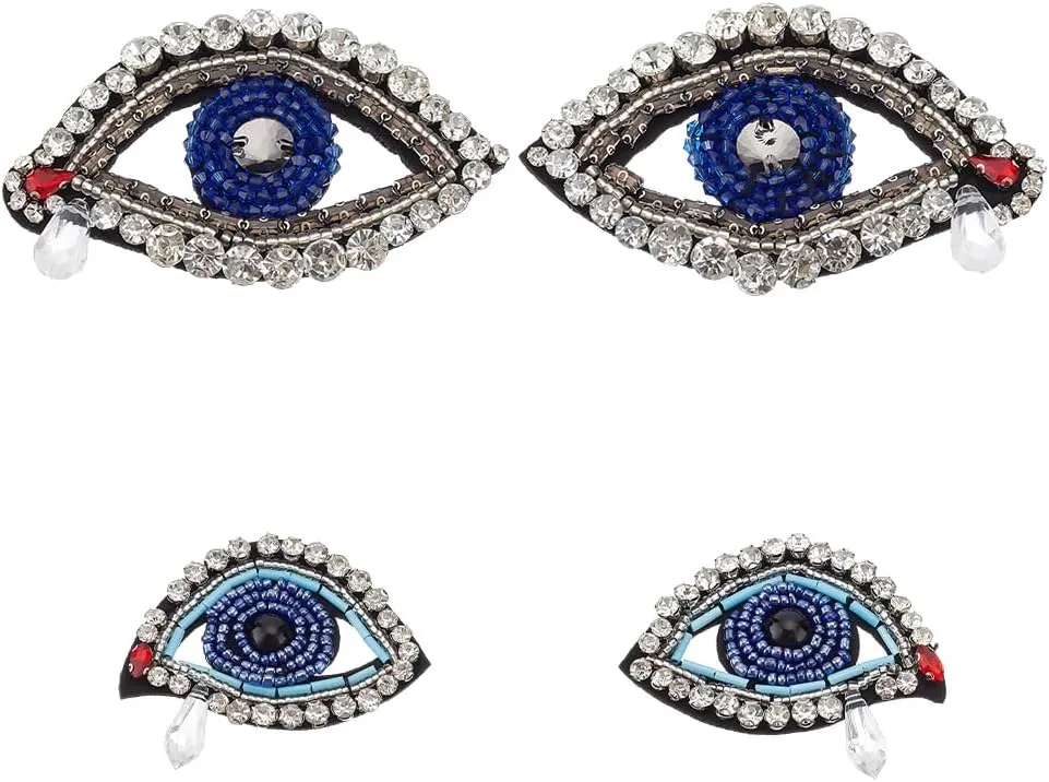 WEBEEDY 2 Pairs Bling Crystal Rhinestone Evil Eye Patch Embroidered Applique Patches Sew on Sparkling Eye Patches DIY Decorative Applique for Clothes Bag Pants Shoes Hats DIY Projects