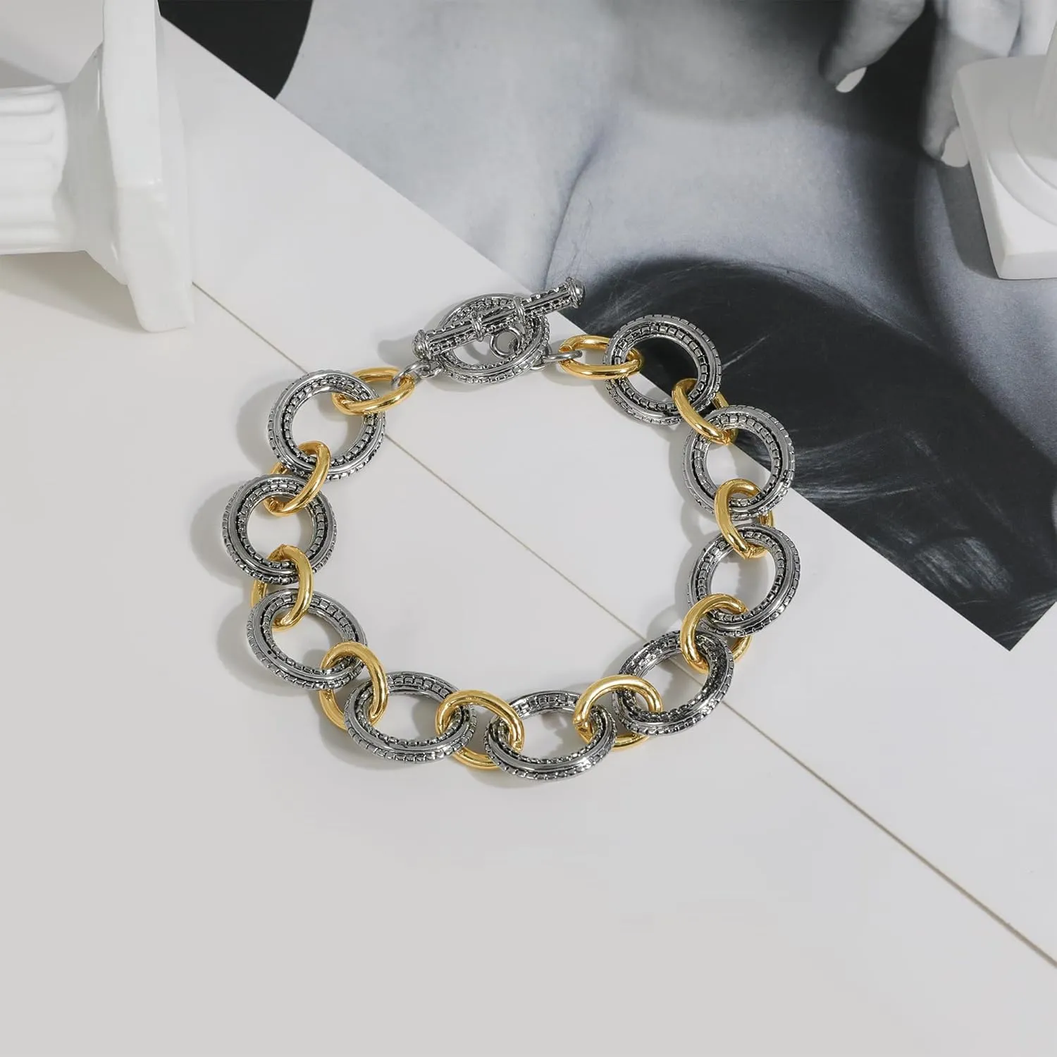 Wire Cable Bracelet for Women Twisted - Gold and Silver Chain Bracelet Circle Link Bracelets - Cable Bracelet Two Tone Lightweight Jewelry