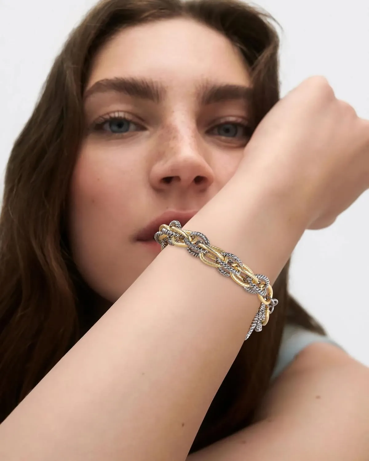 Wire Cable Bracelets for Women - Gold and Silver Bracelet Double Chain - Silver Circle Link Cable Twisted Bracelet Two Tone Jewelry