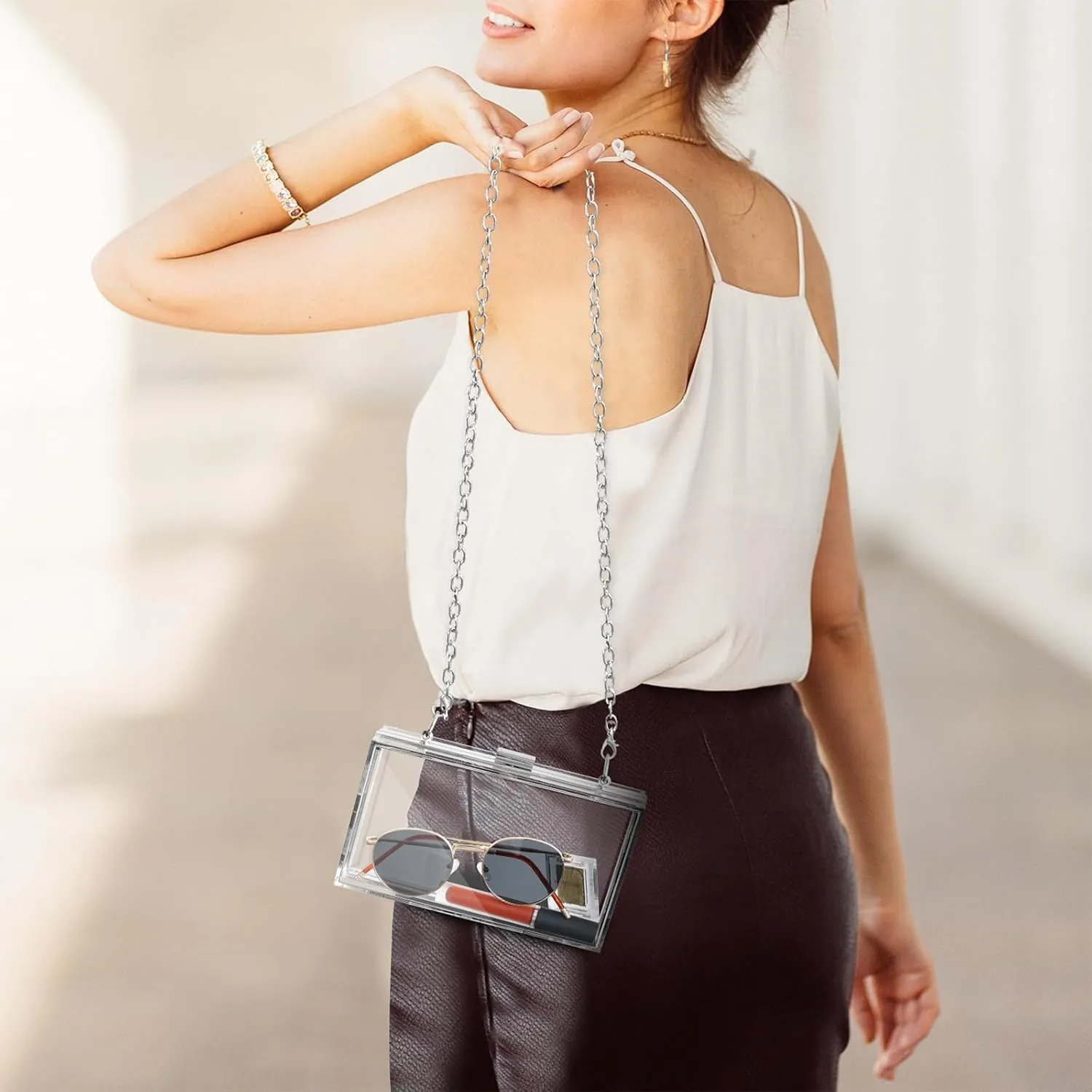WJCD Women Clear Purse Acrylic Box Clutch Handbag, Small Transparent Crossbody Evening Bag Stadium Approved Gold Chain Strap