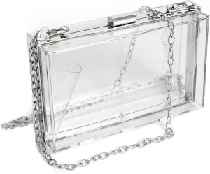 WJCD Women Clear Purse Acrylic Box Clutch Handbag, Small Transparent Crossbody Evening Bag Stadium Approved Gold Chain Strap