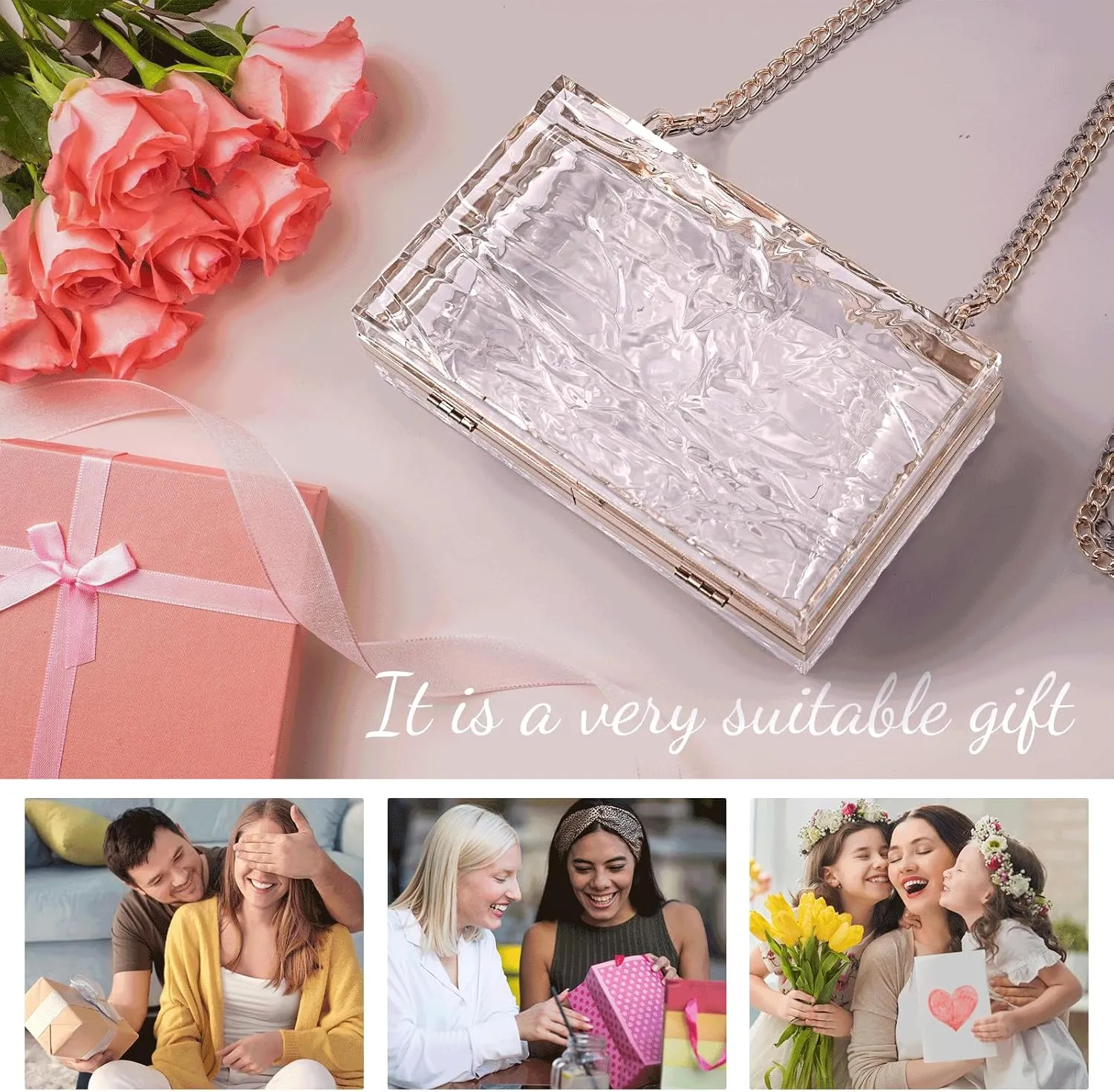 WJCD Womens Clear Purse Acrylic Evening Bags clear clutch purse Ripple Shaped Vintage Banquet Handbag
