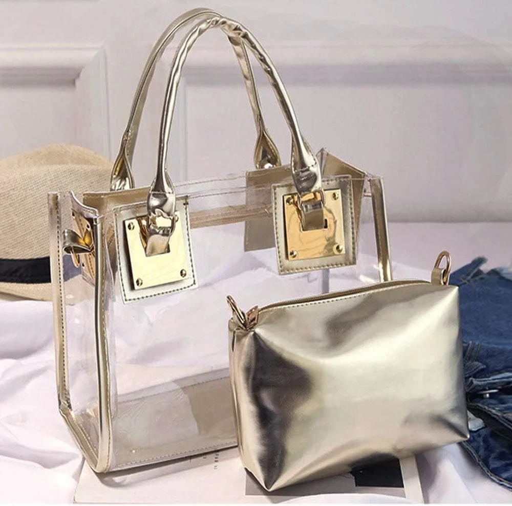 Women 2 Pcs Small Clear Tote Beach Shoulder Top-handle Bag PVC Transparent Satchel Handbag Purse