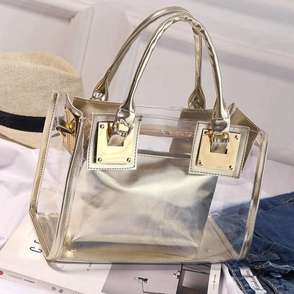 Women 2 Pcs Small Clear Tote Beach Shoulder Top-handle Bag PVC Transparent Satchel Handbag Purse