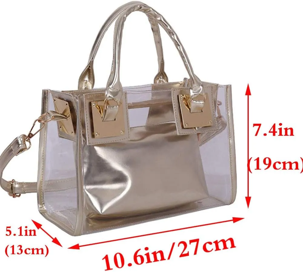 Women 2 Pcs Small Clear Tote Beach Shoulder Top-handle Bag PVC Transparent Satchel Handbag Purse