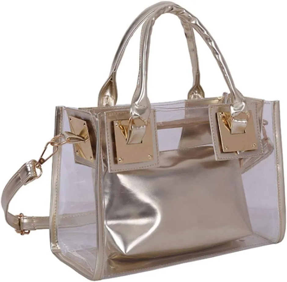 Women 2 Pcs Small Clear Tote Beach Shoulder Top-handle Bag PVC Transparent Satchel Handbag Purse
