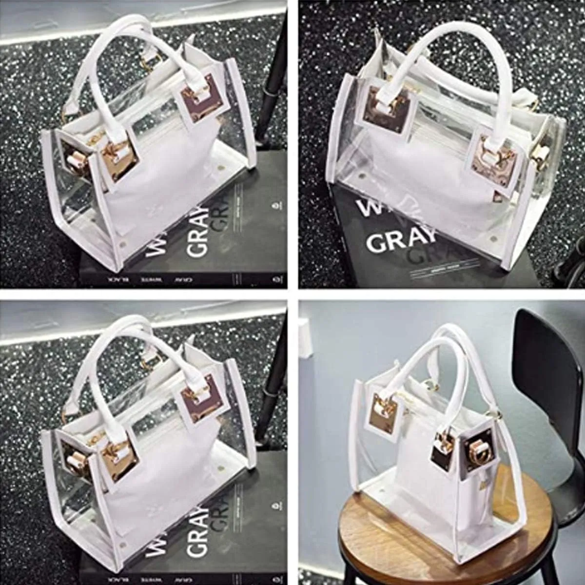 Women 2Pcs Small Tote Clear Shoulder Top-handle Bag PVC Satchel Candy Handbag Clutch Purse Wallet