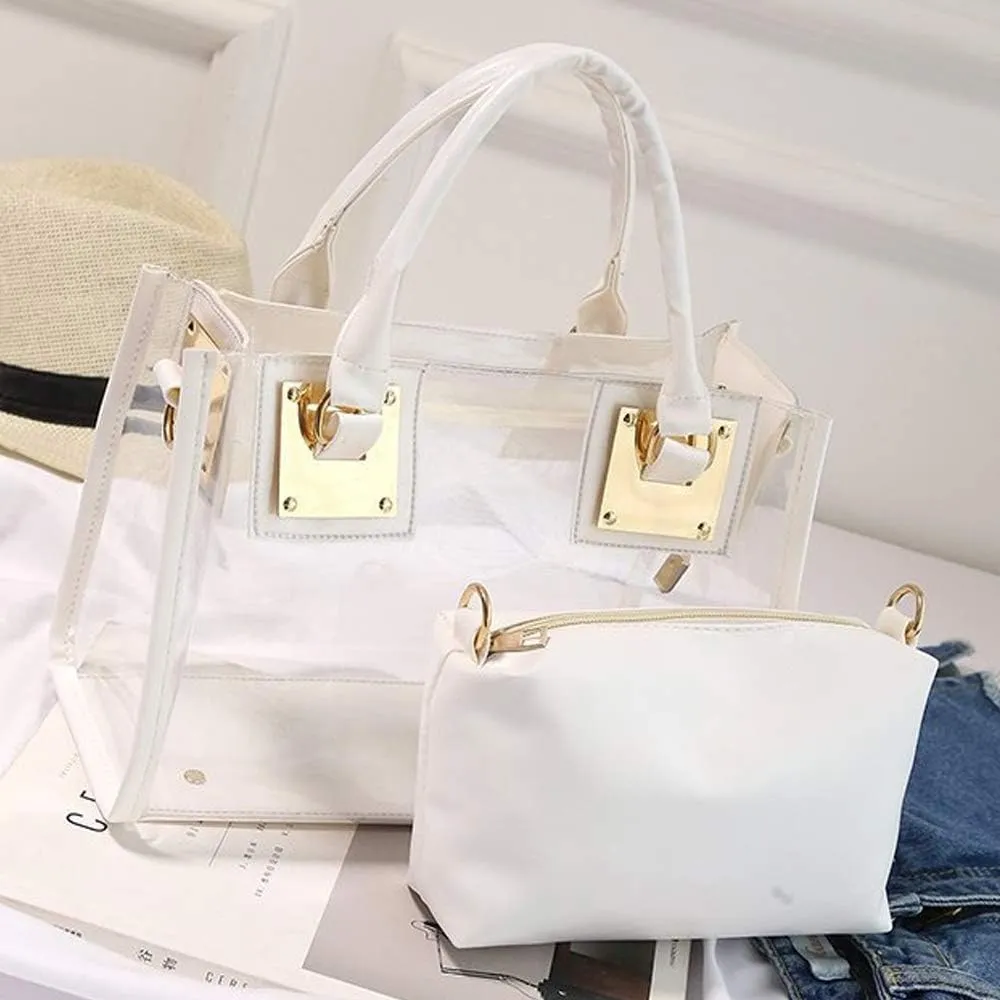 Women 2Pcs Small Tote Clear Shoulder Top-handle Bag PVC Satchel Candy Handbag Clutch Purse Wallet