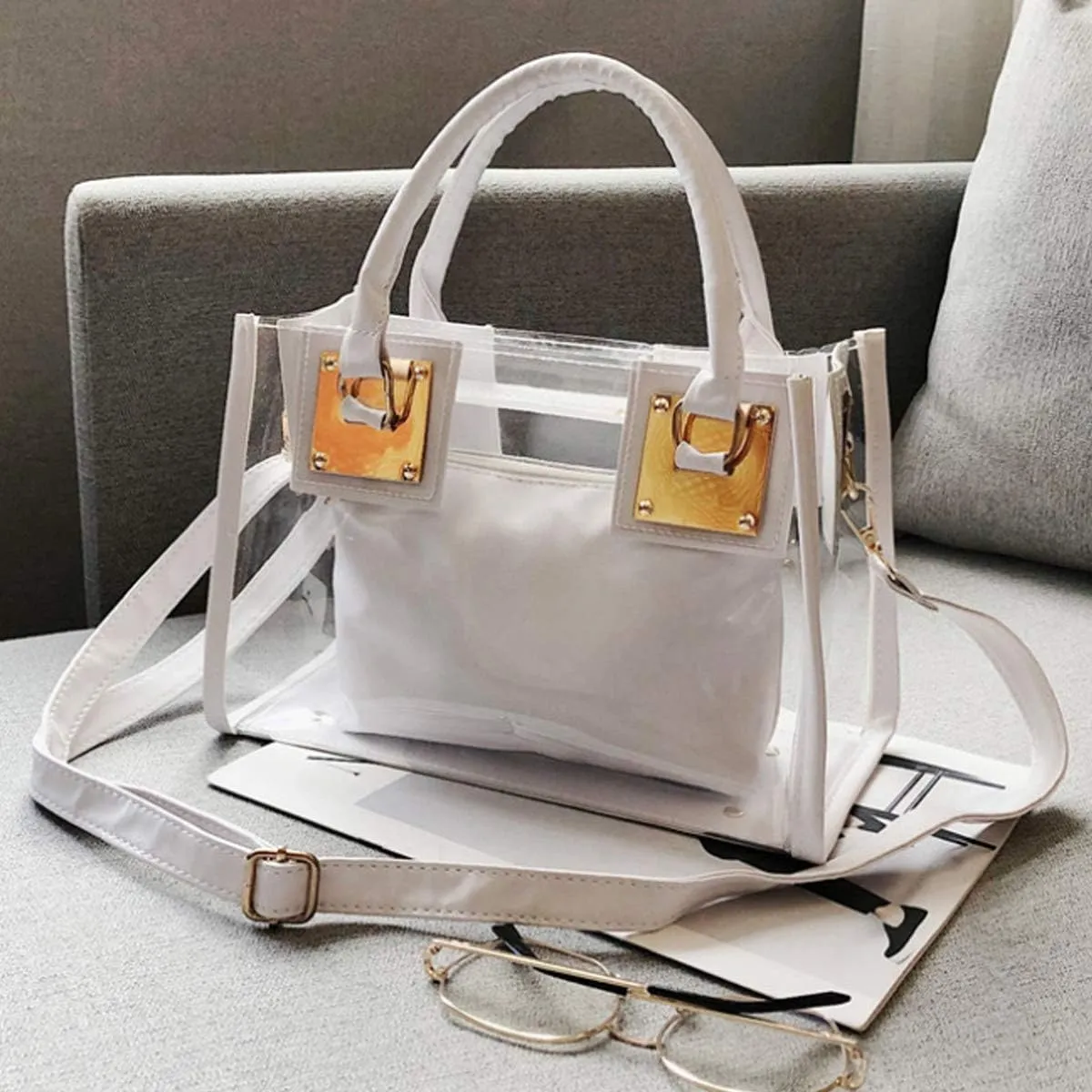 Women 2Pcs Small Tote Clear Shoulder Top-handle Bag PVC Satchel Candy Handbag Clutch Purse Wallet