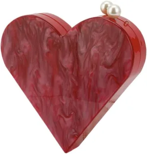 Women Acrylic Marbled Evening Clutch Red Heart-shaped Handbag Causal Shoulder Crossbody Purse for Party Wedding