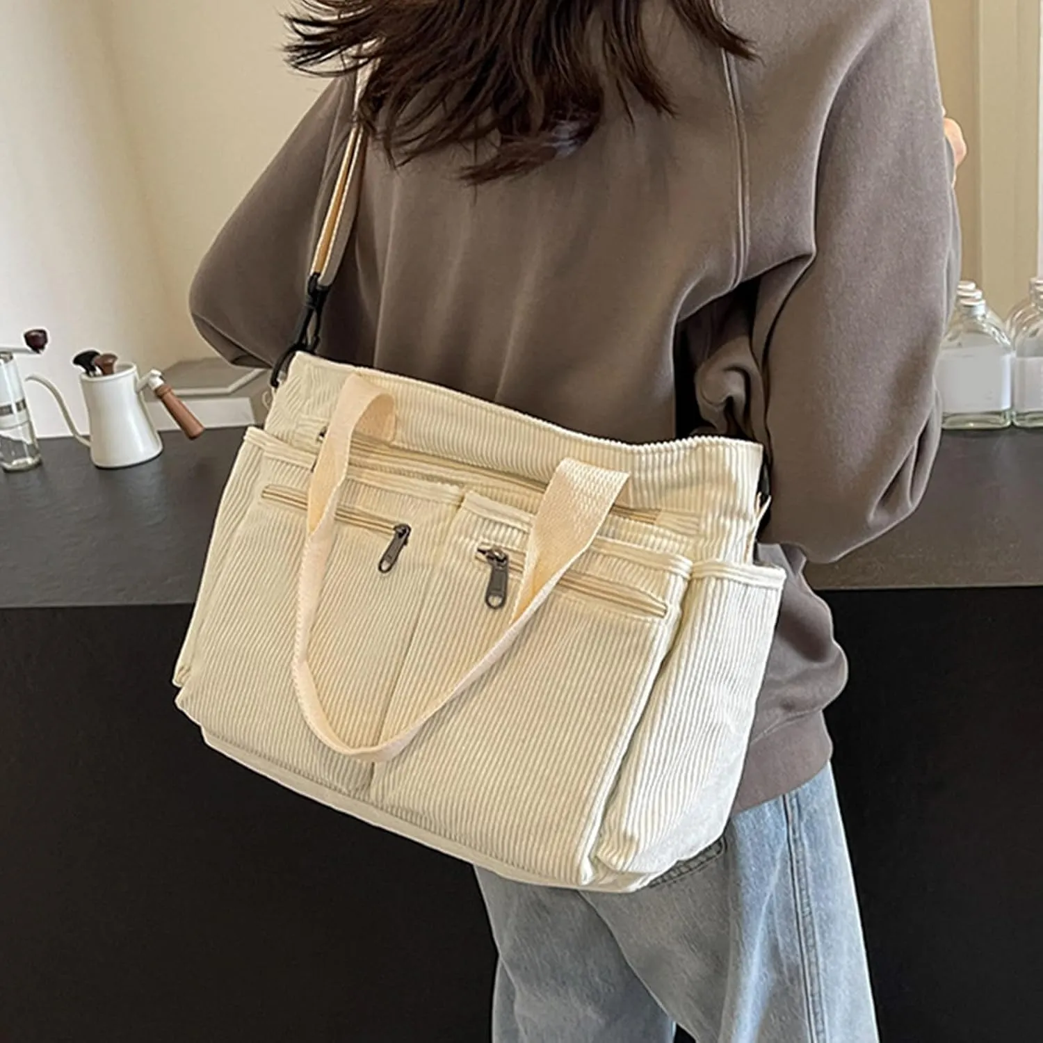 Women Corduroy Shoulder Bag Fashion Cord Handbag Large Capacity Crossbody Bag Shopping Bag Korean Styles Messengers Bag