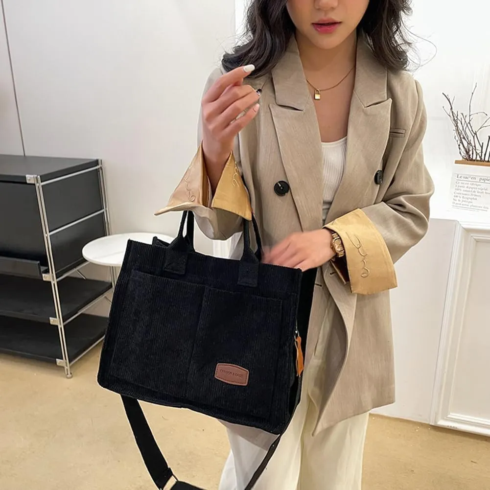 Women Corduroy Tote Bag Crossbody Hobo Bag Shoulder Bag with Multi-pockets Adjustable Strap Satchel Bag for Daily