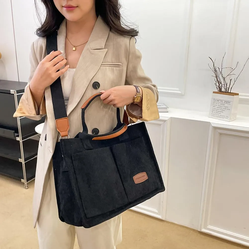 Women Corduroy Tote Bag Crossbody Hobo Bag Shoulder Bag with Multi-pockets Adjustable Strap Satchel Bag for Daily