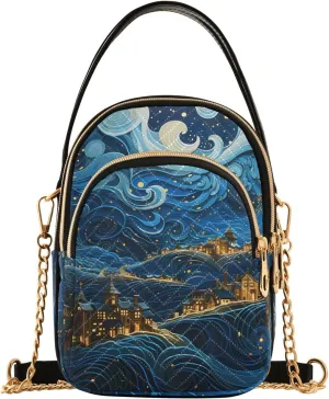 Women Crossbody Handbag Beautiful Village Starry Night and Clouds Quilted Chain Bag
