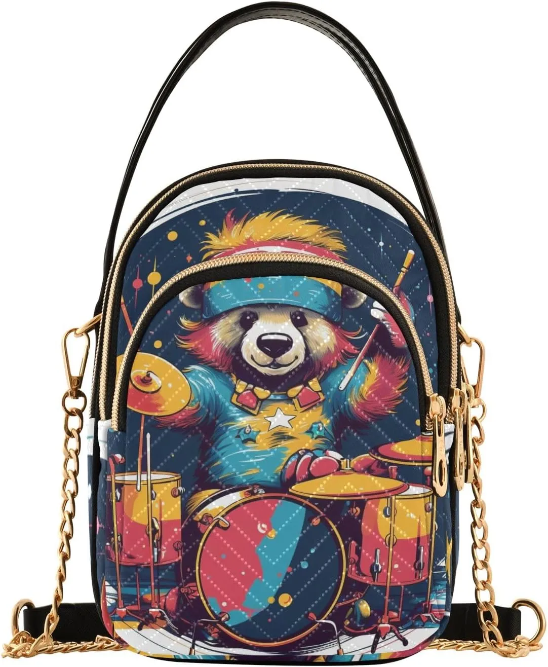 Women Crossbody Handbag Colorful Bear Playing Drum Set Quilted Chain Bag