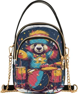 Women Crossbody Handbag Colorful Bear Playing Drum Set Quilted Chain Bag
