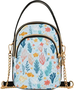 Women Crossbody Handbag Hand Drawn Fish and Seaweed Quilted Chain Bag
