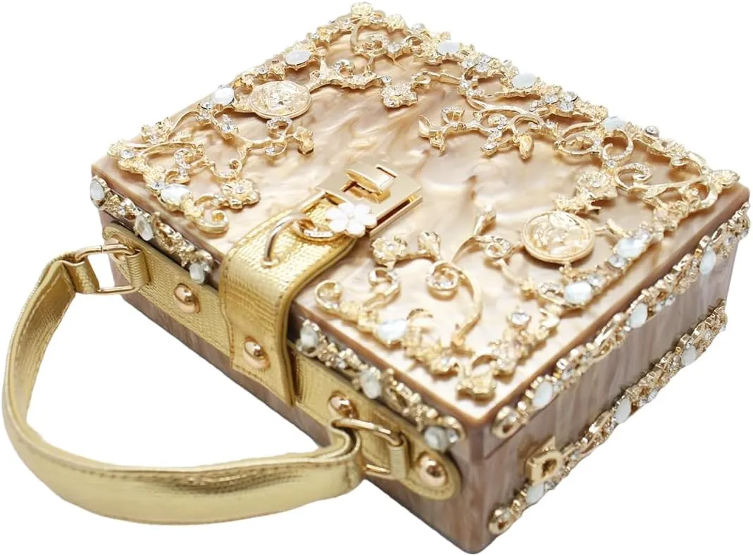 Women Evening Clutch Acrylic Square Box With Rhinestones Shoulder Crossbody Handbag