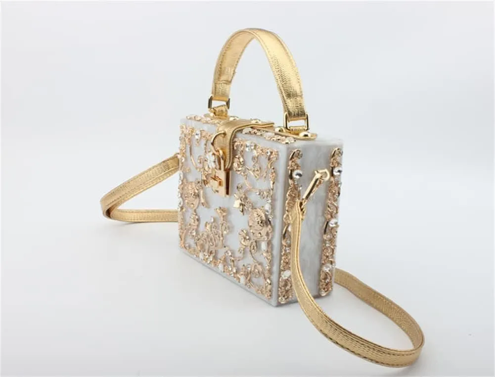 Women Evening Clutch Acrylic Square Box With Rhinestones Shoulder Crossbody Handbag