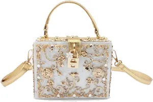 Women Evening Clutch Acrylic Square Box With Rhinestones Shoulder Crossbody Handbag