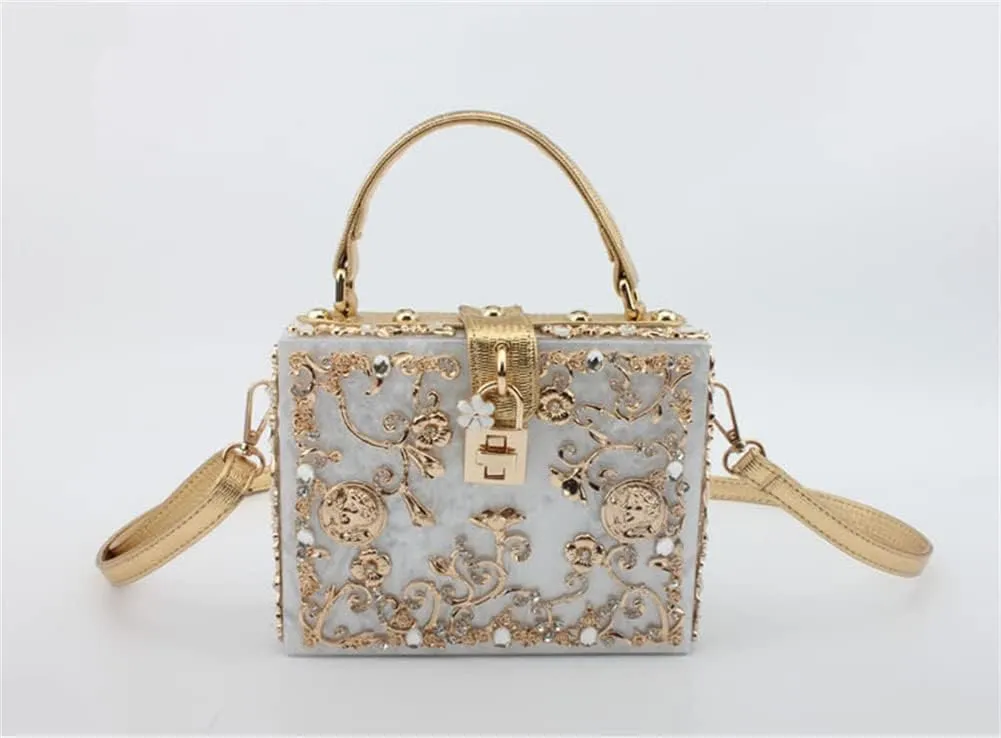 Women Evening Clutch Acrylic Square Box With Rhinestones Shoulder Crossbody Handbag