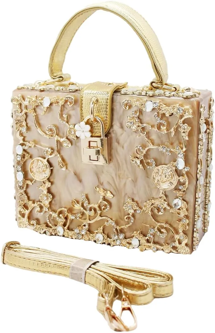 Women Evening Clutch Acrylic Square Box With Rhinestones Shoulder Crossbody Handbag