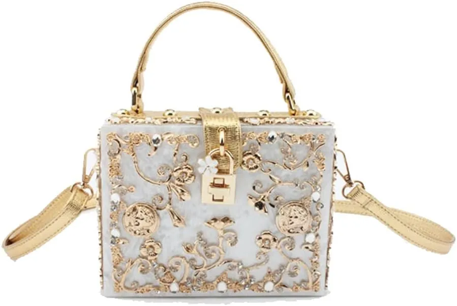 Women Evening Clutch Acrylic Square Box With Rhinestones Shoulder Crossbody Handbag