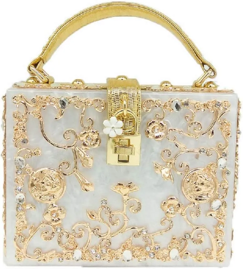 Women Evening Clutch Acrylic Square Box With Rhinestones Shoulder Crossbody Handbag