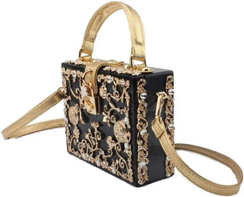 Women Evening Clutch Acrylic Square Box With Rhinestones Shoulder Crossbody Handbag