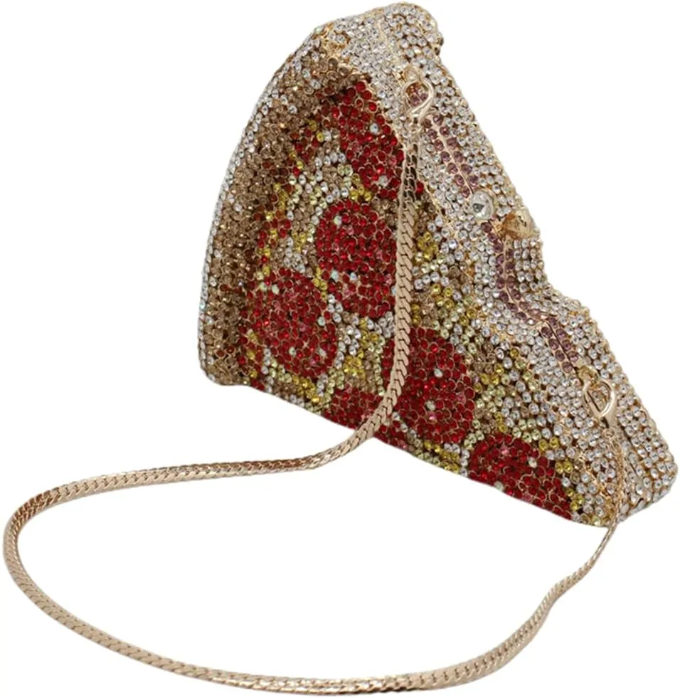 Women Novelty Pizza Shaped Rhinestone Evening Bag Funny Pizza Crystal Clutch Purse Diamonds Handbag for Party Prom