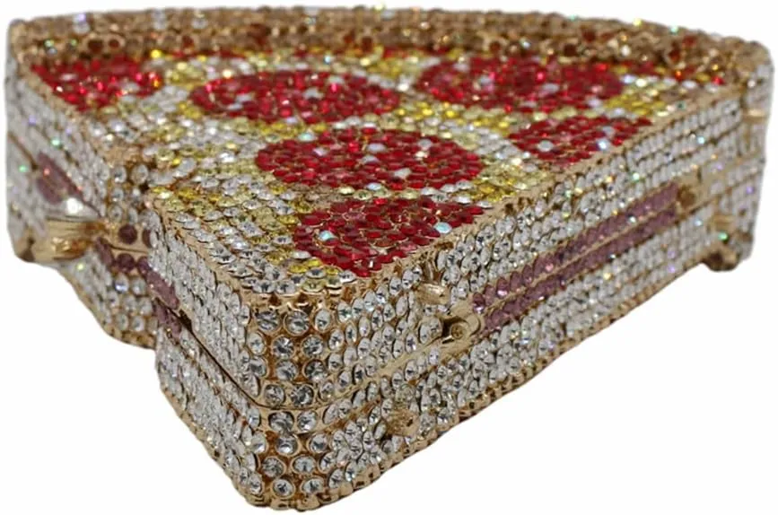 Women Novelty Pizza Shaped Rhinestone Evening Bag Funny Pizza Crystal Clutch Purse Diamonds Handbag for Party Prom