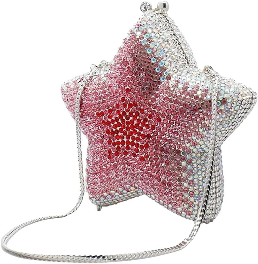 Women Rhinestone Star Shape Clutch Purse Unique Crystal Evening Bag Luxury Chain Handbag for Wedding Cocktail Party
