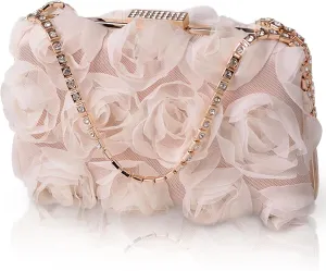 Women Rose Clutch, Evening Bag with Chain, Floral Purse for Wedding, Prom, Party