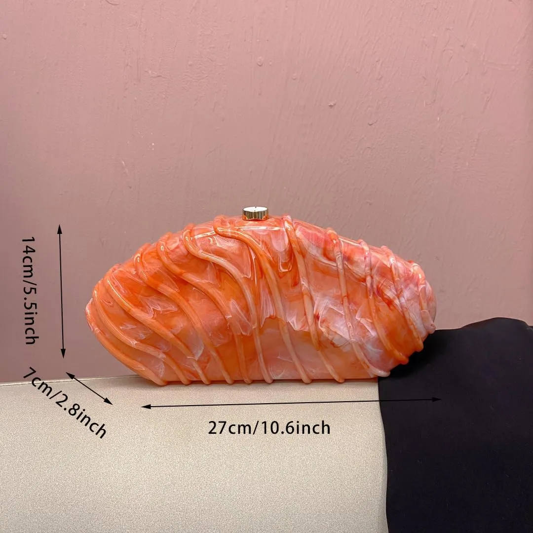 Women Shell Shape Acrylic Evening Clutch Purse Unique Stripe Marble Handbag for Party Cocktail Wedding