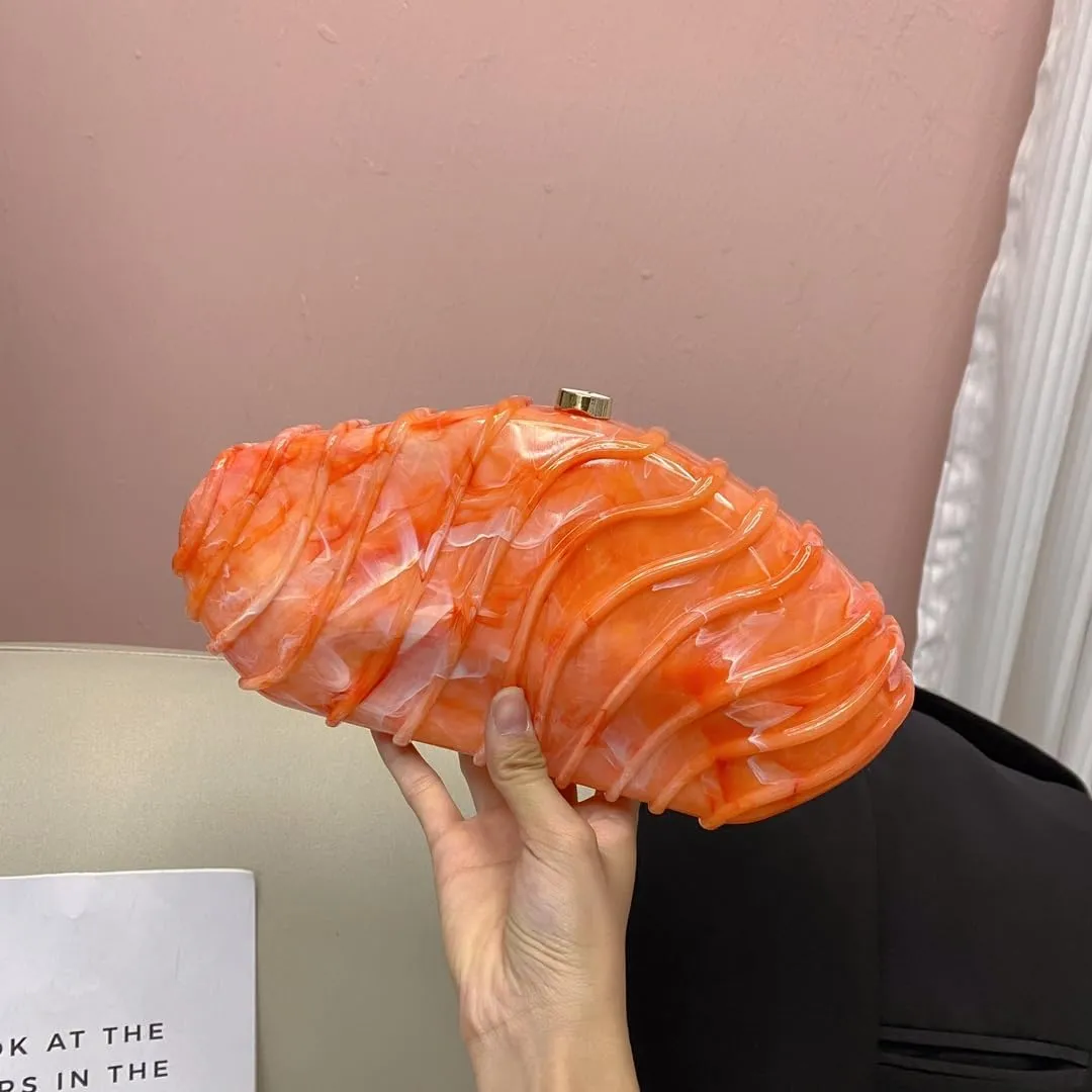 Women Shell Shape Acrylic Evening Clutch Purse Unique Stripe Marble Handbag for Party Cocktail Wedding