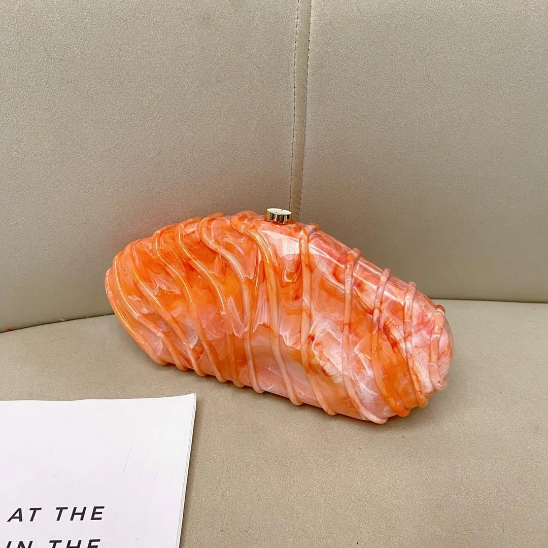 Women Shell Shape Acrylic Evening Clutch Purse Unique Stripe Marble Handbag for Party Cocktail Wedding