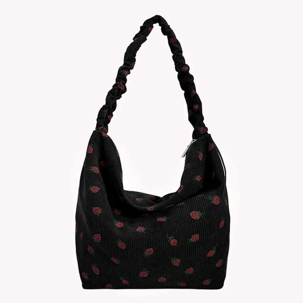 Women Strawberry Printed Shoulder Bag with Ruched Strap Strawberry Pattern Satchel Bag Corduroy Large Capacity Aest
