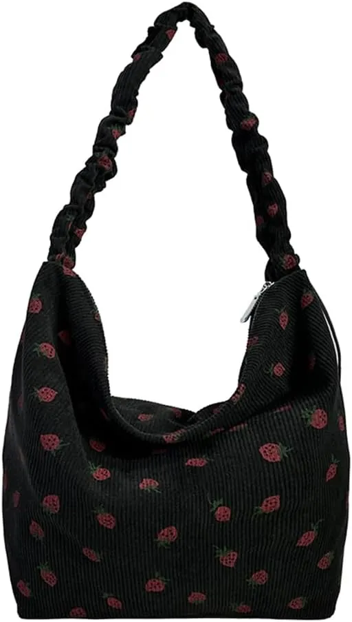 Women Strawberry Printed Shoulder Bag with Ruched Strap Strawberry Pattern Satchel Bag Corduroy Large Capacity Aest