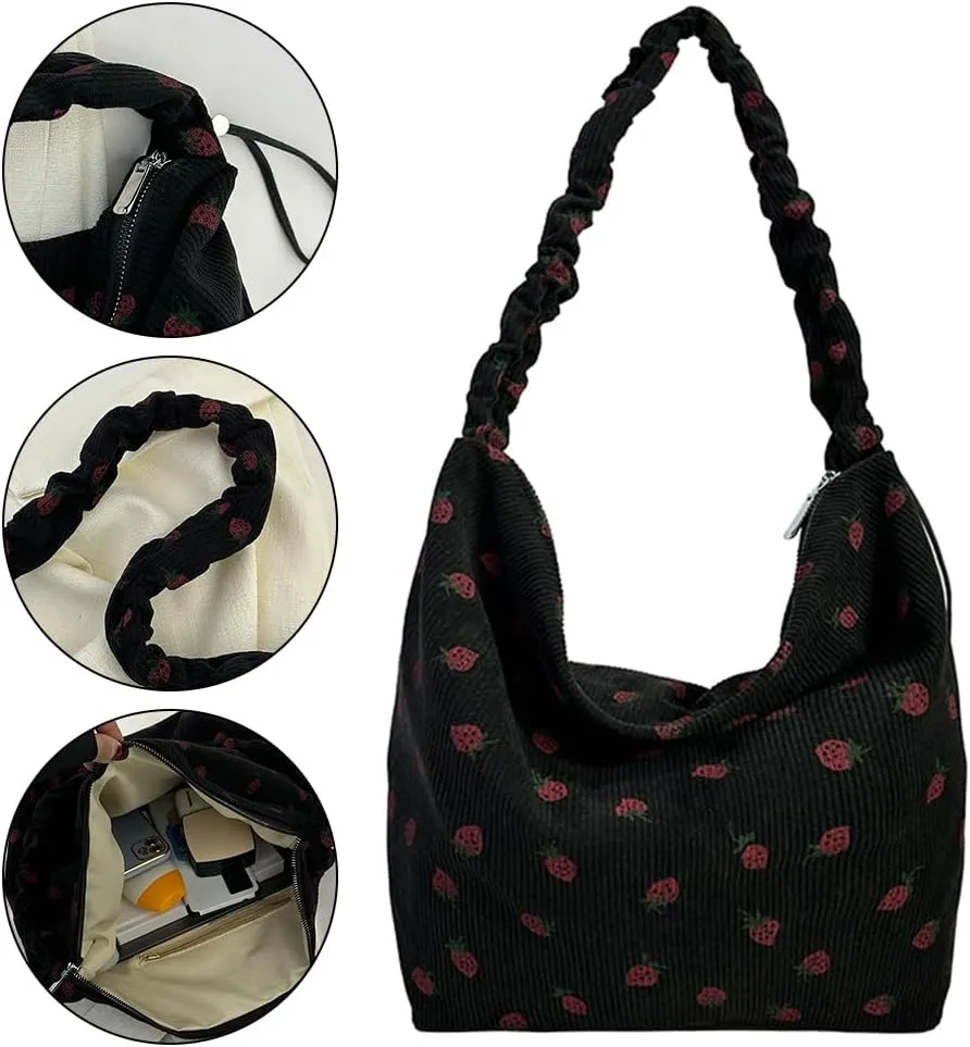 Women Strawberry Printed Shoulder Bag with Ruched Strap Strawberry Pattern Satchel Bag Corduroy Large Capacity Aest